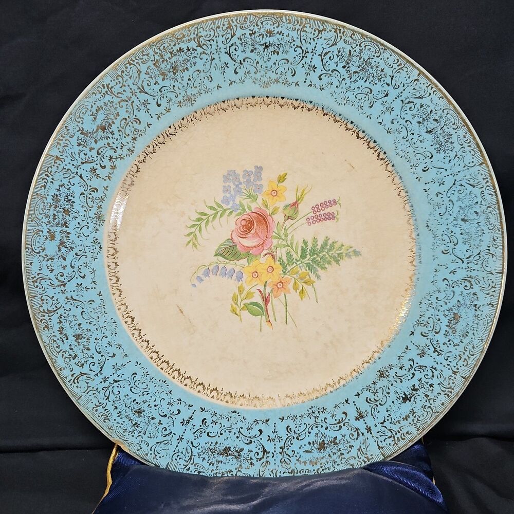 Vintage Floral And Gold Decorated Blue Plate